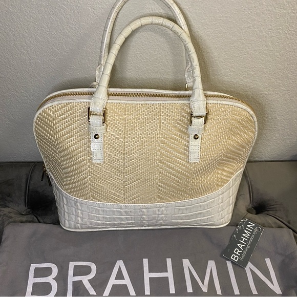 Like New & Rare Brahmin Vivian Macaroon Raffia Croc Embossed Genuine Leather Bag - Picture 3 of 16